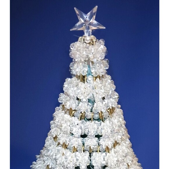 Vtg Hand Made Clear Crystal Beaded Safety Pin 11" Christmas Tree Lighted w/ Star - Picture 5 of 9